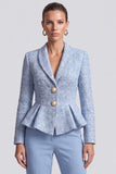 Shawl Lapel Light Blue Single Breasted Ruffled Women Blazer