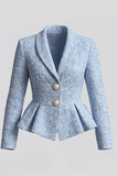 Shawl Lapel Light Blue Single Breasted Ruffled Women Blazer