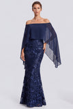 Off The Shoulder Sequins Mermaid Floral Navy Maxi Evening Dress