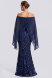 Off The Shoulder Sequins Mermaid Floral Navy Maxi Evening Dress