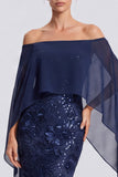 Off The Shoulder Sequins Mermaid Floral Navy Maxi Evening Dress