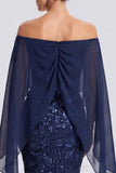Off The Shoulder Sequins Mermaid Floral Navy Maxi Evening Dress