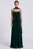 Dark Green Spaghetti Straps A Line Maxi Velvet Dress With Scarf