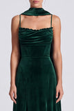 Dark Green Spaghetti Straps A Line Maxi Velvet Dress With Scarf