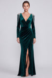 Mermaid Dark Green Long Sleeve Maxi Velvet Dress With Rhinestone