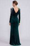 Mermaid Dark Green Long Sleeve Maxi Velvet Dress With Rhinestone