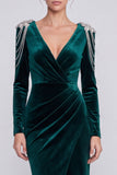 Mermaid Dark Green Long Sleeve Maxi Velvet Dress With Rhinestone