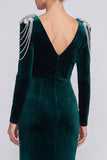 Mermaid Dark Green Long Sleeve Maxi Velvet Dress With Rhinestone