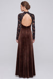 A Line Coffee Lace Maxi Velvet Dress With Long Sleeves