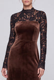 A Line Coffee Lace Maxi Velvet Dress With Long Sleeves