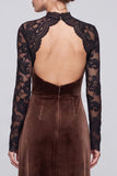 A Line Coffee Lace Maxi Velvet Dress With Long Sleeves