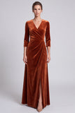A Line V-Neck Orange Ruched Maxi Velvet Dress With Slit