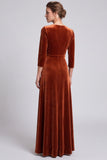 A Line V-Neck Orange Ruched Maxi Velvet Dress With Slit