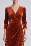 A Line V-Neck Orange Ruched Maxi Velvet Dress With Slit