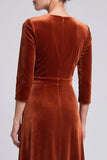 A Line V-Neck Orange Ruched Maxi Velvet Dress With Slit