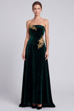Strapless A Line Dark Green Beaded Maxi Velvet Dress