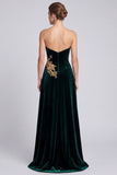 Strapless A Line Dark Green Beaded Maxi Velvet Dress