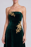 Strapless A Line Dark Green Beaded Maxi Velvet Dress