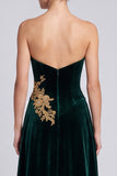 Strapless A Line Dark Green Beaded Maxi Velvet Dress