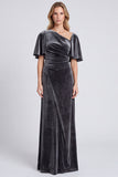 A Line Dark Grey Ruched Flutter Sleeve Maxi Velvet Dress