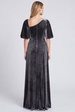 A Line Dark Grey Ruched Flutter Sleeve Maxi Velvet Dress