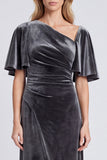 A Line Dark Grey Ruched Flutter Sleeve Maxi Velvet Dress