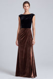 Mermaid Black and Brown Ruched Cap Sleeve Maxi Velvet Dress