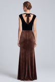 Mermaid Black and Brown Ruched Cap Sleeve Maxi Velvet Dress