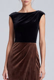 Mermaid Black and Brown Ruched Cap Sleeve Maxi Velvet Dress