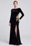 Mermaid Beaded Velvet Maxi Black Tie Dress With Long Sleeves
