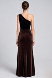 One Shoulder Black and Brown Ruched Mermaid Maxi Velvet Dress