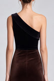 One Shoulder Black and Brown Ruched Mermaid Maxi Velvet Dress