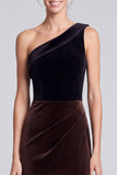 One Shoulder Black and Brown Ruched Mermaid Maxi Velvet Dress