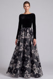A Line Floral Maxi Black Tie Dress With Long Sleeves