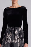 A Line Floral Maxi Black Tie Dress With Long Sleeves