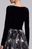 A Line Floral Maxi Black Tie Dress With Long Sleeves