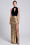 Halter Black and Gold Sheath Sparkly Maxi Evening Dress