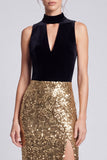 Halter Black and Gold Sheath Sparkly Maxi Evening Dress