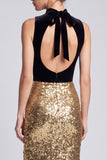 Halter Black and Gold Sheath Sparkly Maxi Evening Dress
