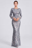 Sparkly Mermaid Long Sleeve Silver Evening Dress