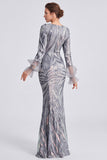 Sparkly Mermaid Long Sleeve Silver Evening Dress