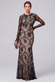 Floral Black Mermaid Ruched Lace Evening Dress with Long Sleeves