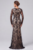 Floral Black Mermaid Ruched Lace Evening Dress with Long Sleeves