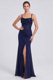 Navy Corset Sequins Mermaid Square Neck Long Evening Dress with Slit
