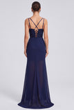 Navy Corset Sequins Mermaid Square Neck Long Evening Dress with Slit
