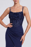 Navy Corset Sequins Mermaid Square Neck Long Evening Dress with Slit