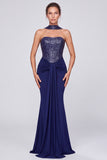 Strapless Sequins Navy Mermaid Ruched Long Evening Dress with Neck Scarf