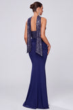 Strapless Sequins Navy Mermaid Ruched Long Evening Dress with Neck Scarf