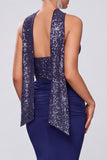 Strapless Sequins Navy Mermaid Ruched Long Evening Dress with Neck Scarf