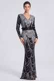 Sequins Black Mermaid Long Sleeve Evening Dress with Belt